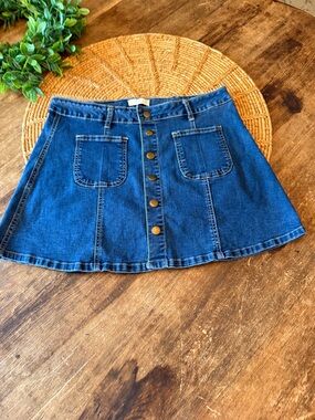 Altar’d State Denim Button-Front A-Line Mini Skirt - Blue